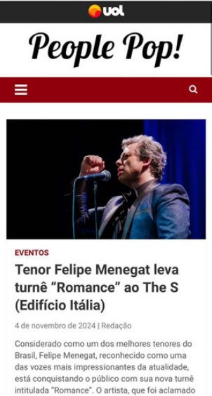Tenor Felipe Menegat leva turnê "Romance" ao The S (Edifício Itália)